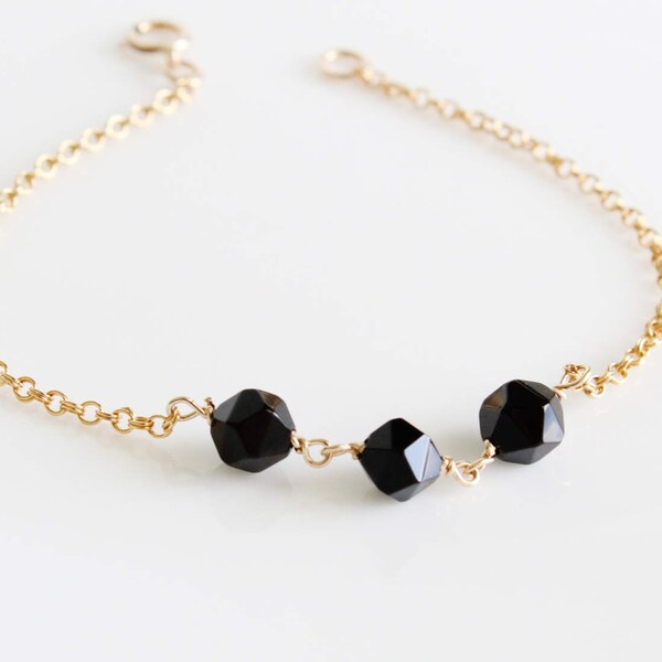 Dainty Black Jet Link Bracelet 14K Gold filled Rose Gold image 2