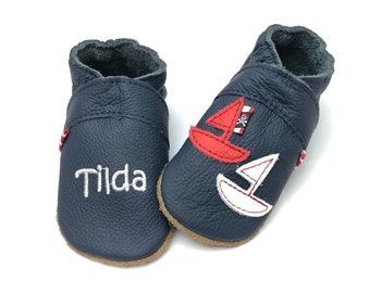 Crawling shoes with name Maritime dark blue with boat/ship baptism baby puschen leather punching