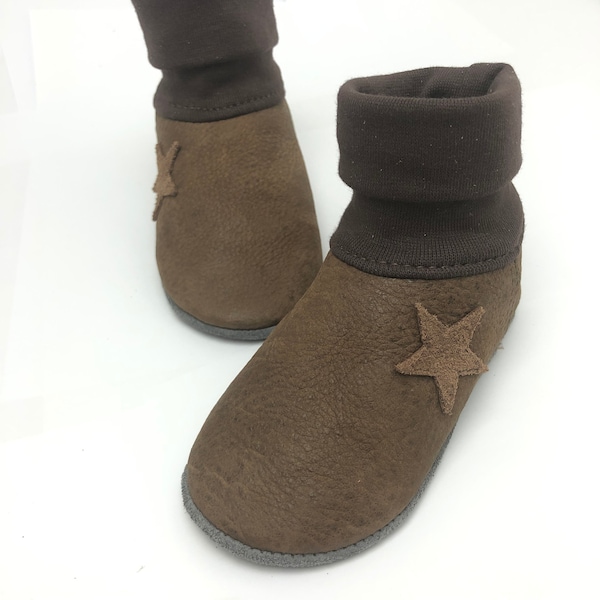 Bio Leder LEDERSTIEFELCHEN mit Bündchen NUBUK Braun Stern Krabbelpuschen Bio Öko | Krabbelschuhe | Naturleder | Babyschuhe aus Leder|HAMBURG