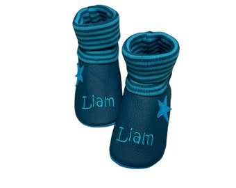 Crawling shoes PETROL +Star Turquoise| Leather pushes | Leather slippers | Baby gift with name