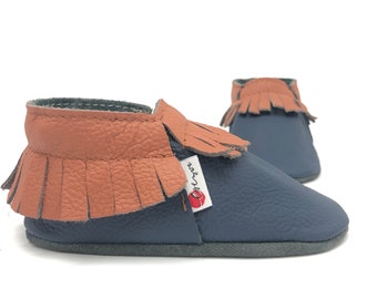 MOCCASINS CLASSIC Dunkel Blau/ braun |Krabbelschuhe | Mokkasins | Puschen | Lederpuschen | Moccs | Indianerschuhe | Babyschuhe | Cognac