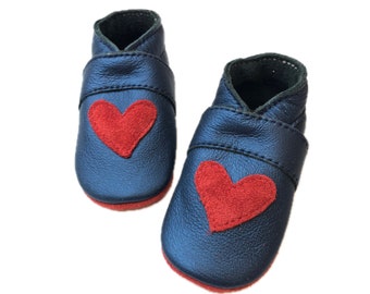 Crawler Shoes Glitter Metallic Blue with Red Hearts | Baby Gift | Birth Gift | Valentine's Day | Valentine's Day Gift | Girl