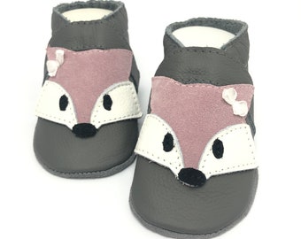 Krabbelschuhe Fuchs Grau - Rosa mit Schleifchen/ Krabbelpuschen Lauflernschuhe Lederpuschen