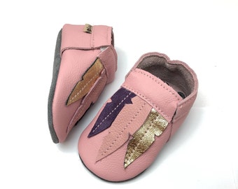 Moccassins Pink-Crawling Shoes, Leather Dolls, Running Shoes -Gold-Pink-Purple