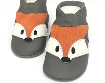 Krabbelschuhe Krabbelpuschen Puschen Lauflernschuhe Lederpuschen Fuchs Grau - Orange