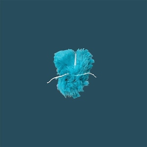 May include: A fluffy, turquoise-colored object with a white string running through the center and extending outwards. The object is centered against a dark teal background, creating a striking contrast.