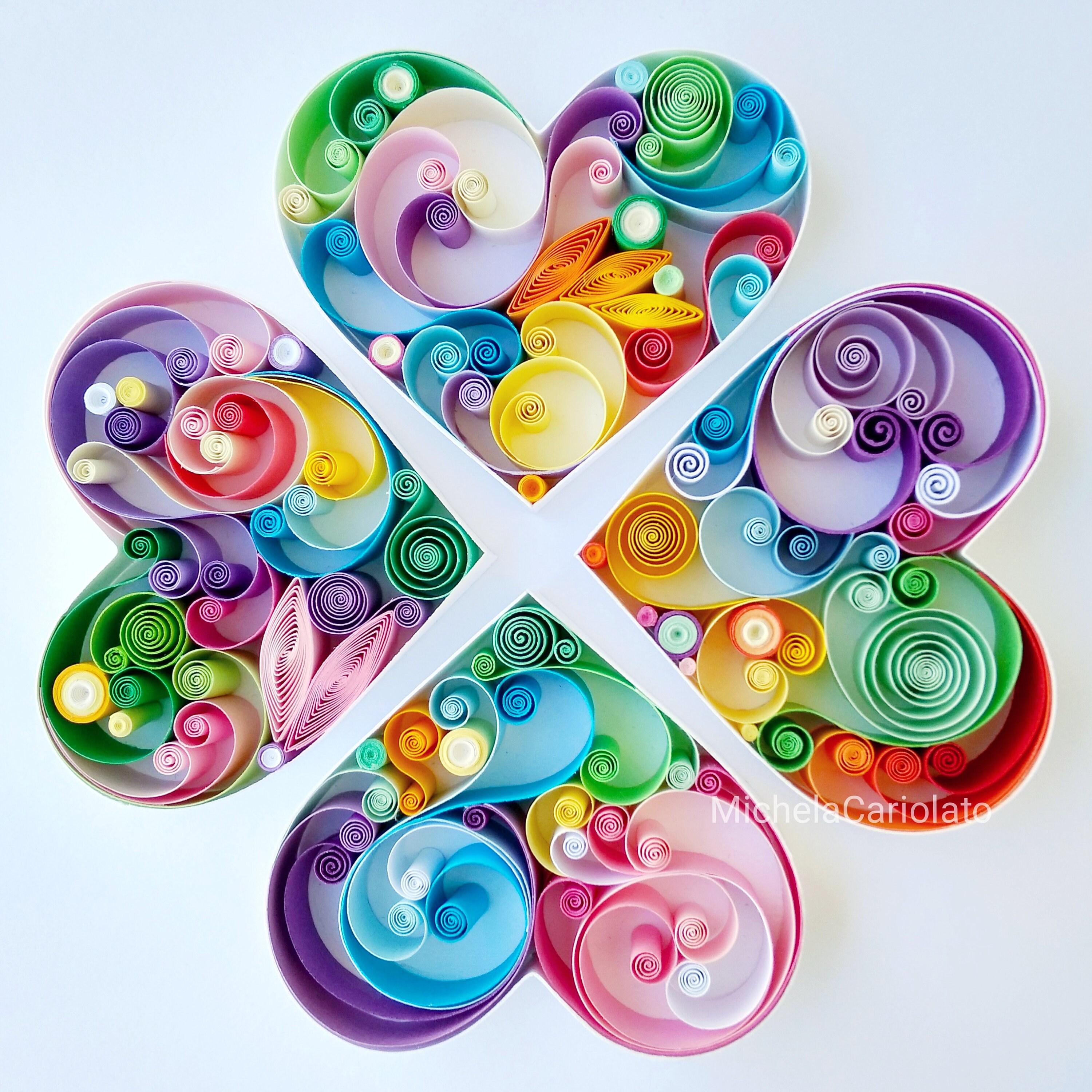 Rainbow fourleaf clover, Quilling paper art design, handmade gift