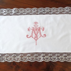 Virgin Mary symbol altar cloth small Marian monogram and lily embroidery Religious Catholic priest gift