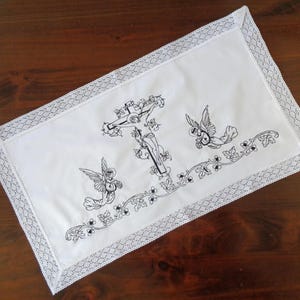 Crucifixion home altar cloth embroidery liturgical runner Lent Catholic Christian linens Icon Prayer Oratory Holy
