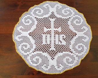 Religious lace IHS catholic doily Cross White altar cloth Christian table cloths Church linens 21 inch