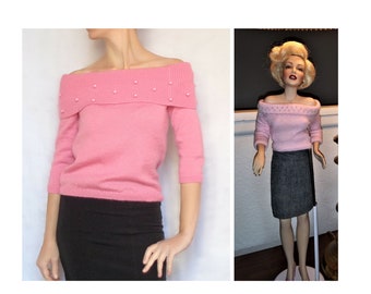 Marilyn Monroe pink Sweater Girl Franklin Heirloom Pearls beaded Off shoulder pullover