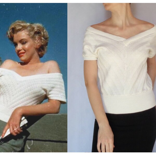 Marilyn Monroe top v neck sweater Off White off the shoulder top Vintage sweater Designer inspired Crop sweater Iconic