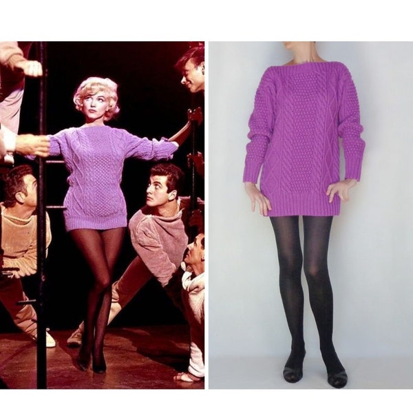 Pull Marilyn Monroe violet Aran knit Fisherman Robe pull à épaules dénudées Réplique emblématique de vêtements tricotés à la main