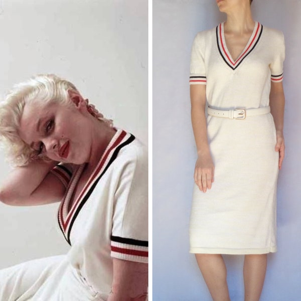 Marilyn Monroe Tenniskleid Kurzarm V-Ausschnitt Strick-Golf-Cricket-Designer inspiriert Kultige Replica