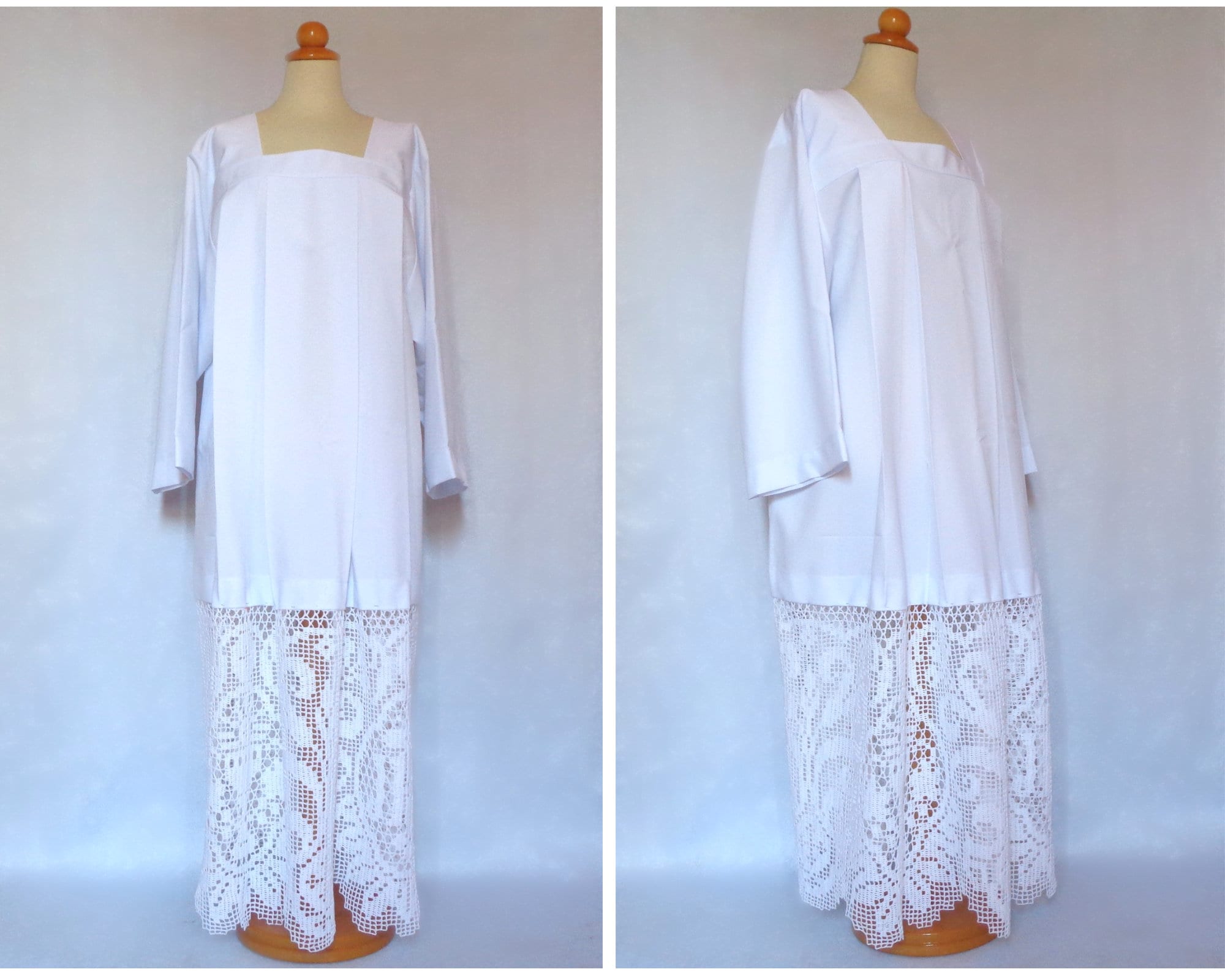 Square neck Priest alb with religious liturgical lace trim handcrochet Cotta with pleats Liturgical Catholic