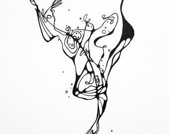 Spill Original Artwork, Minimal Art, Black and White, Pen and Ink Piece, Strange Artwork, Abstract Drawing, Matted Home Decor