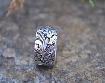 Art Nouveau Leaf Flower Ring, Sunflower Ring, Chunky Ring, Unique Boho Silver Wide Band, Nature Inspired Ring, Cottagecore, Gift
