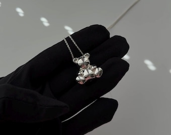 Naszyjnik z zawieszką w kształcie misia ze srebra próby 925, zawieszka w kształcie misia z żelek, długi naszyjnik z łańcuszkiem 70 cm, śliczna biżuteria