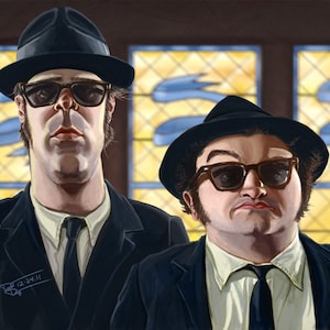 May include: A painting of two men wearing black suits, white shirts, and black ties. They are both wearing sunglasses and fedoras. The men are standing in front of a stained glass window with blue and yellow designs.