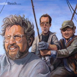 May include: A painting of three men fishing on a boat. The man on the left is wearing a grey shirt and glasses. The man in the middle is wearing a brown jacket and glasses. The man on the right is wearing a green jacket and a hat. All three men are holding fishing rods.