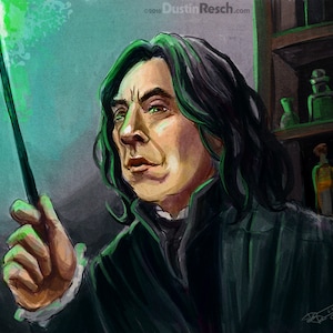 May include: A painting of a man with long black hair holding a wand with a green glow at the tip. He is wearing a dark green robe and has a serious expression on his face. The background is a dark green and brown.