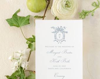 Elegant Wedding Program Template | Dusty Blue Wedding Crest & Monogram Tall Wedding Ceremony Program Printable | Instant Download | Margaret