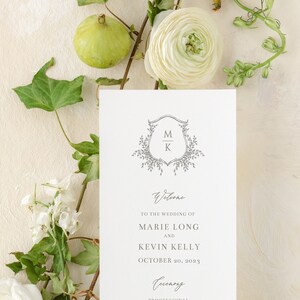 Elegant Monogram Crest Wedding Program Template | Personalized Tall Wedding Ceremony Order of Service Printable | Instant Download | Marie