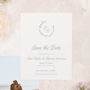 LISA | Monogram Save the Date Template with  Photo, Dusty Blue Wedding Announcement, Botanical Wreath Elegant Save Our Date Card with Logo