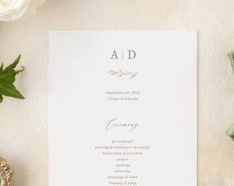 Simple Monogram Wedding Program Template | Personalized Minimalist Floral Wedding Ceremony Order of Service Printable | Download | Alisa