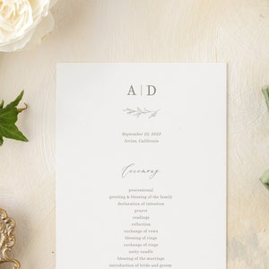 Simple Monogram Wedding Program Template | Personalized Minimalist Floral Wedding Ceremony Order of Service Printable | Download | Alisa