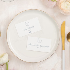 LISA | Wedding Place Card Template, Dusty Blue Wreath Monogram, Editable, Flat & Tent Place Cards, Printable, Blue Place Cards Download
