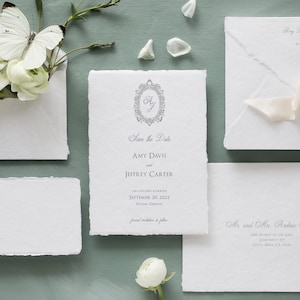 Deckled Save the Date Card Template with Elegant Monogram Crest | Printable Save our Date with Fine Art Crest  | Instant Download | Amy