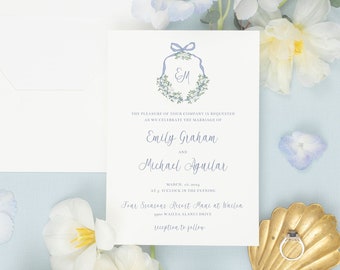 EMILY | Invitation Only, Blue Bow Floral Crest Invitation Template, Bow Wedding Invite, Watercolor Ribbon Editable Invitation, Cottagecore