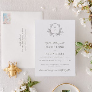 MARIE / Solo invitación, elegante plantilla de suite de invitación de boda con escudo de monograma, descarga de invitación de boda clásica y tradicional