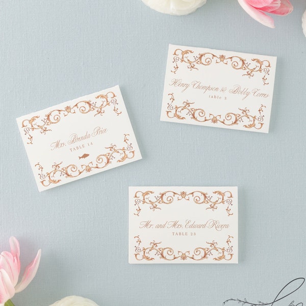 JANE | Ornate Victorian Frame Wedding Place Card Template, Calligraphy, Flat & Tent Place Cards, Printable, Editable Place Cards, Corjl