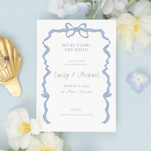 EMILY | Modèle de carte « Save the Date » bleu, simple et élégant nœud papillon mariage carte « save the Date », chic nœud dessiné à la main mariage fantaisiste