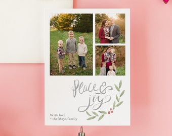 Peace and Joy Watercolor Holiday Photo Card Digital Download | Holly Christmas Card Template  | Multiple Photo Instant Download | Mitchell