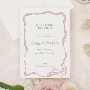 EMILY | Save the Date with Pink Bow with Hand Drawn Bow, Handwritten Inspired Font, Digital Editable Template, Ribbon Bow Save Our Date