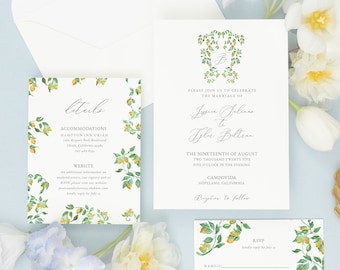 JESSICA | Mediterranean Lemon Wedding Invitation Template, Citrus Wedding Invite Download, Italian Wedding Invitation Suite Printable