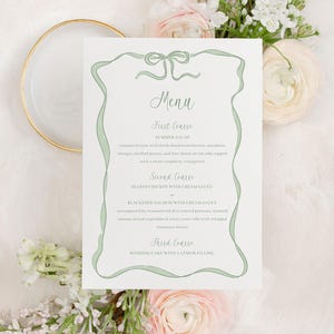 EMILY | Bow Ribbon Menu Template, DIY Bow Brunch Menu, Wedding Menu, Hand-drawn Ribbon Bow, Minimalistic Aesthetic, Green Menu, Corjl