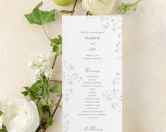 Delicate Floral Wedding Program Template | Whimsical Wedding Botanical Tall Wedding Ceremony Program Printable | Instant Download | Francis