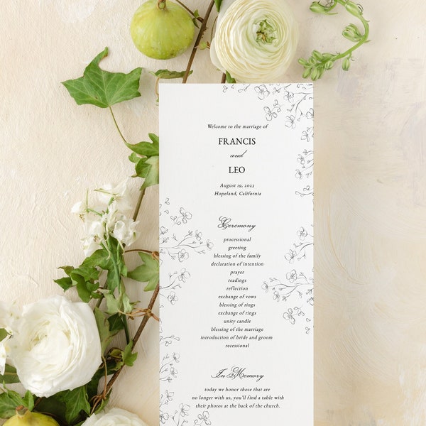 Delicate Floral Wedding Program Template | Whimsical Wedding Botanical Tall Wedding Ceremony Program Printable | Instant Download | Francis
