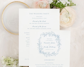 CASSANDRA | Blue Wedding Program Template, Botanical Crest, Fan Wedding Ceremony Program Template, Printable Editable Download