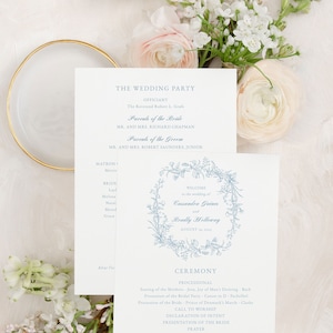 CASSANDRA | Blue Wedding Program Template, Botanical Crest, Fan Wedding Ceremony Program Template, Printable Editable Download