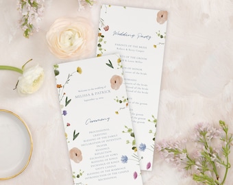 May include: A wedding ceremony program with a floral design. The program lists the order of events for the wedding ceremony of Melissa and Patrick, which is scheduled for September 14th. The program also includes a list of the wedding party members.