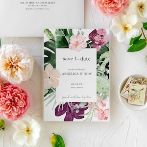 Monstera Editable Save the Date, Tropical Foliage Printable Save the Date Template | Botanical Palm Leaf Instant Download | Angelica