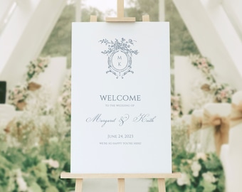 MARGARET | Welcome To Our Wedding Sign Template, Light Blue Wedding Crest & Monogram, Editable, Crest Wedding Welcome Sign