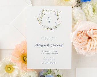 MELISSA | Invitation Only - Wildflower Wedding Set, Colorful, Floral Wreath Invitation Template, Printable Invitation Download, Botanical
