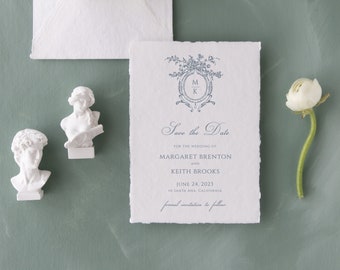 MARGARET | Save the Date Card Template with Elegant Monogram Crest | Printable Save our Date with Baroque Art | Deckled | Instant Download