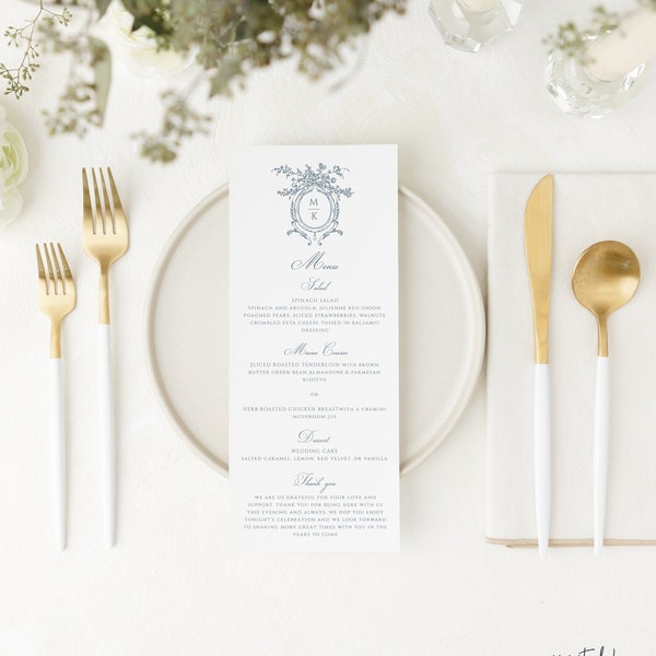 Monogram Crest Wedding Menu Template, Printable Wedding Menu, Wedding Table Menu Template Download, Menu Card for Wedding | Margaret